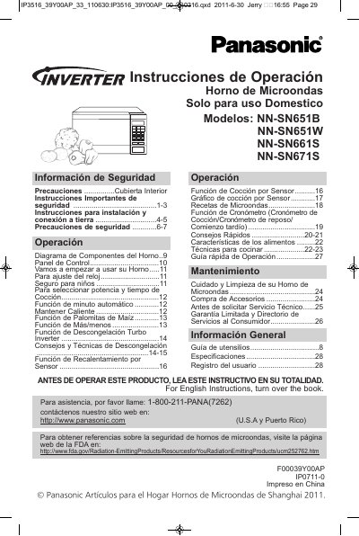 Panasonic NNSN651B-SPA microwave oven Manual - cover page