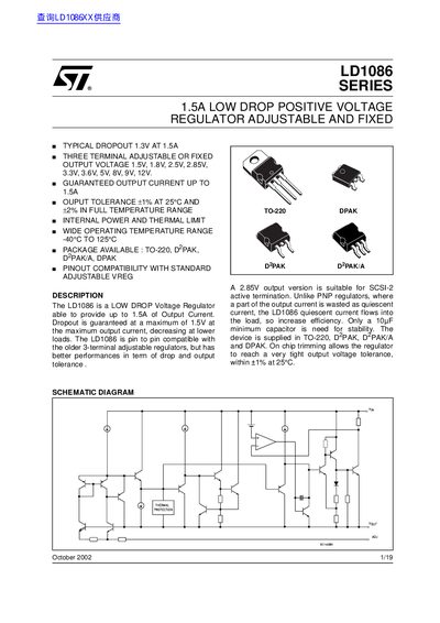 STMicroelectronics LD1086 Series 1.5A Low Drop Positive Voltage Regulator Datasheet
