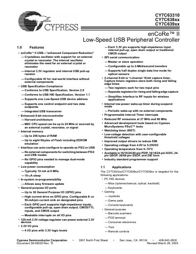 Cypress CY7C63310 CY7C638xx CY7C639xx enCoRe II Low-Speed USB Peripheral Controller Datasheet - cover page