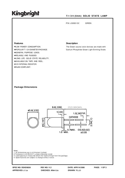 Kingbright L-53GD-12V Green LED Datasheet - cover page