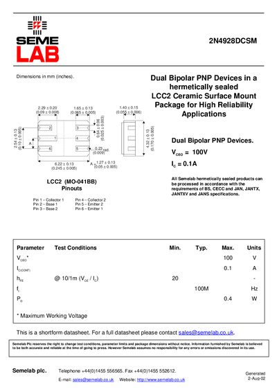 SEME LAB 2N4928DCSM Dual Bipolar PNP Devices in a hermetically sealed LCC2 Ceramic Surface Mount Package for High Reliability Applications Manual - cover page