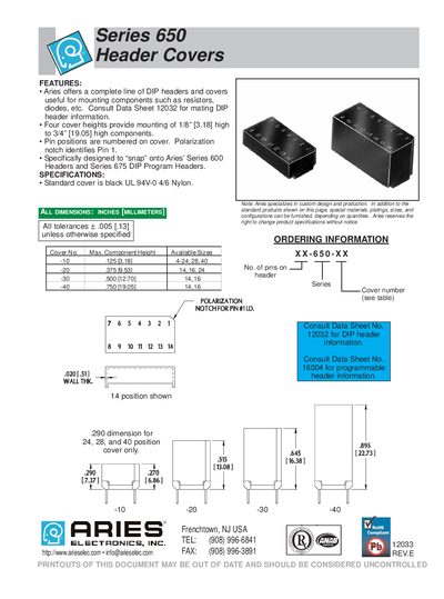 Aries Series 650 Header Covers Product Selection Guide - cover page