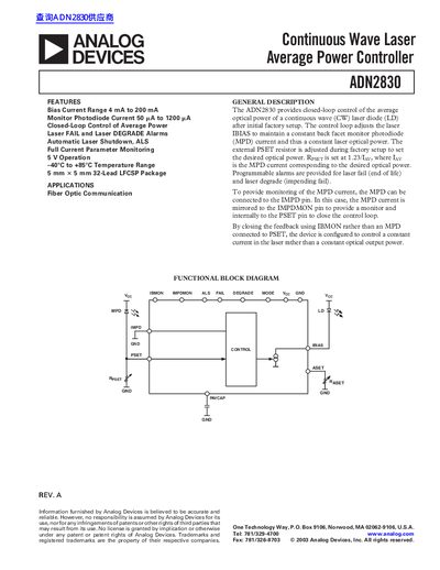Analog Devices ADN2830 Continuous Wave Laser Average Power Controller Datasheet - cover page