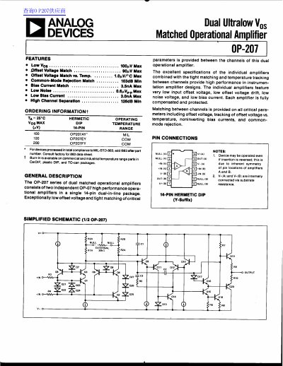 Analog Devices OP-207 Dual Ultralow Voltage Matched Operational Amplifier Datasheet