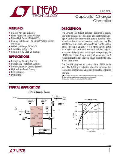 Linear Technology LT3750 Capacitor Charger Controller Datasheet - cover page