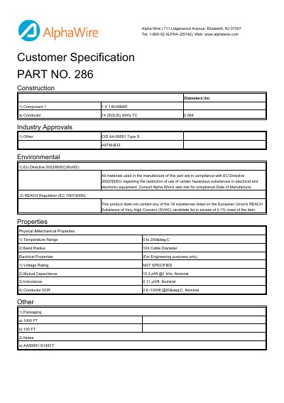 Alpha Wire 286 Busbar Data Sheet - cover page