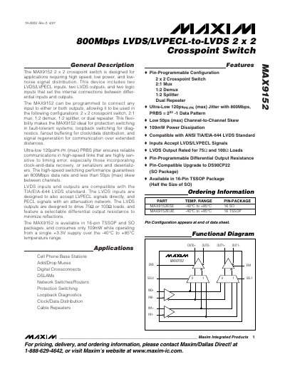 MAXIM MAX9152 800Mbps LVDS/LVPECL-to-LVDS 2 x 2 Crosspoint Switch handbook - cover page