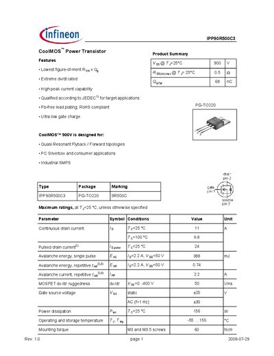 Infineon IPP90R500C3 Datasheet - cover page