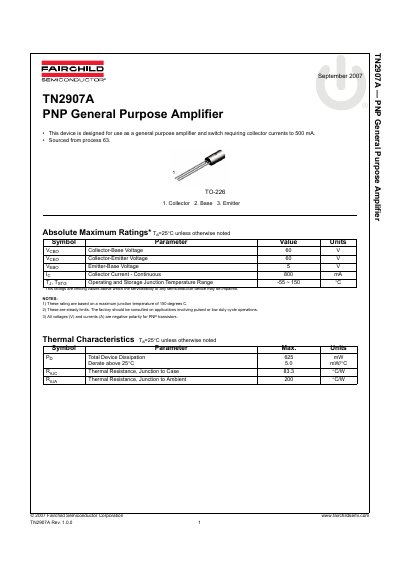 Fairchild Semiconductor TN2907A PNP General Purpose Amplifier Datasheet - cover page