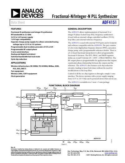 Analog Devices ADF4151 PLL Synthesizer Data Sheet - cover page