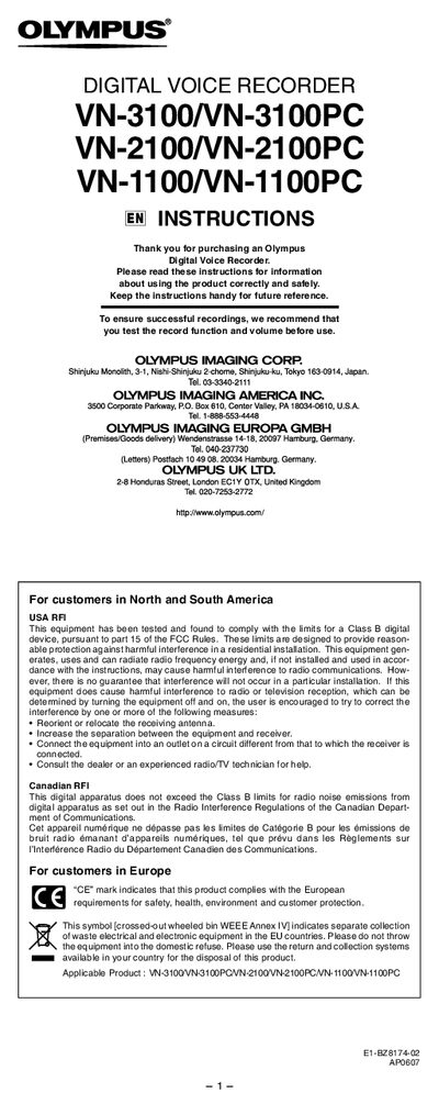 Olympus VN-3100/VN-3100PC, VN-2100/VN-2100PC, VN-1100/VN-1100PC Digital Voice Recorder Instructions