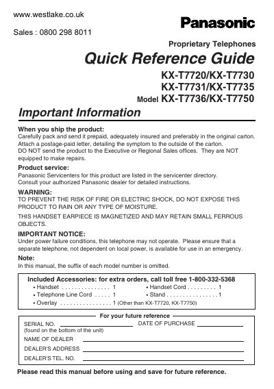 Panasonic KX-T7720/KX-T7730/KX-T7731/KX-T7735/KX-T7736/KX-T7750 Quick Reference Guide - cover page