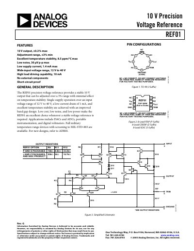 Analog Devices REF01 Precision Voltage Reference Datasheet - cover page