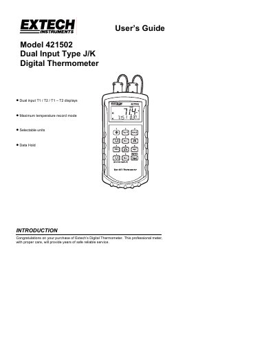 Extech 421502 Dual Input Type J/K Digital Thermometer User's Guide - cover page