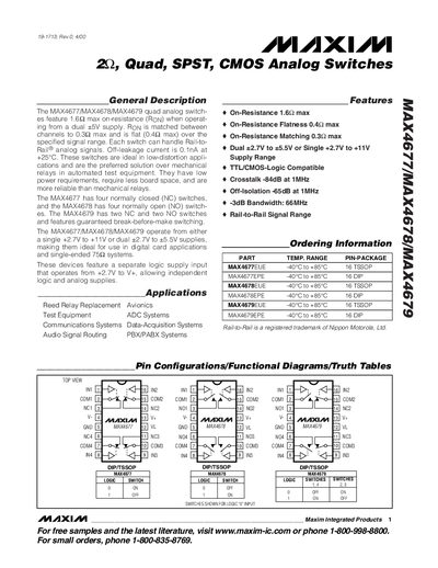 Maxim Integrated MAX4677/MAX4678/MAX4679 Quad SPST CMOS Analog Switches Datasheet - cover page