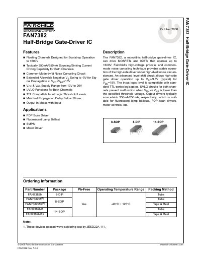 Fairchild FAN7382 Half-Bridge Gate-Driver IC Datasheet - cover page