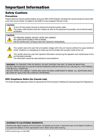 NEC LT20 Projector User Manual - cover page