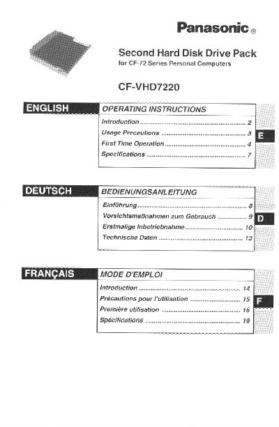 Panasonic CF-VHD7220 Second Hard Disk Drive Pack User Manual - cover page