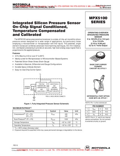 Motorola MPX5100 Pressure Sensor Datasheet - cover page