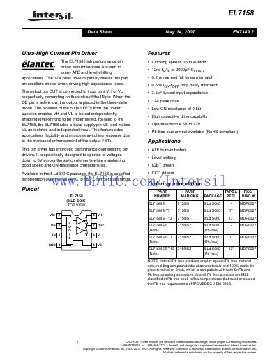 Intersil EL7158 Ultra-High Current Pin Driver Datasheet - cover page