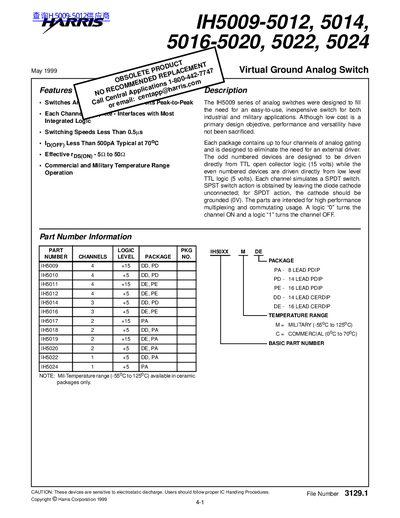 HARRIS IH5009-5012 5014 5016-5020 5022 5024 Virtual Ground Analog Switch - cover page