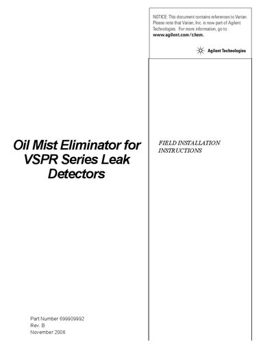 Varian VSPR Series Oil Mist Eliminator Field Installation Instructions - cover page