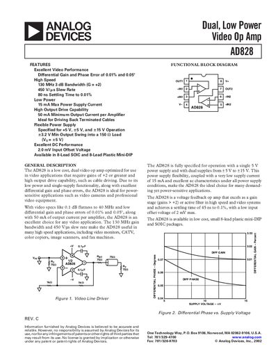 Analog Devices AD828 Dual Low Power Video Op Amp Datasheet - cover page