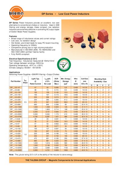 Talema DP Series Low Cost Power Inductors Product Data Sheet - cover page