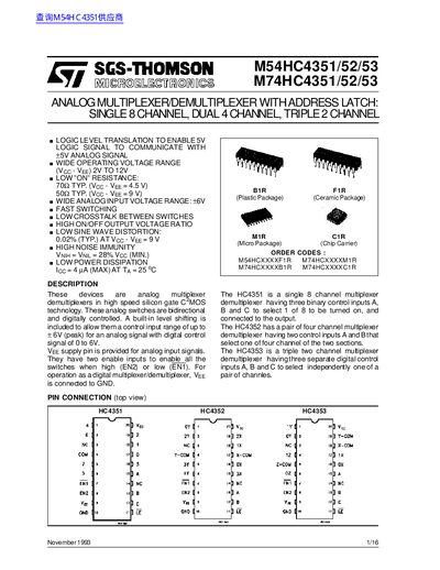 SGS-THOMSON M54HC4351/52/53 M74HC4351/52/53handbook - cover page