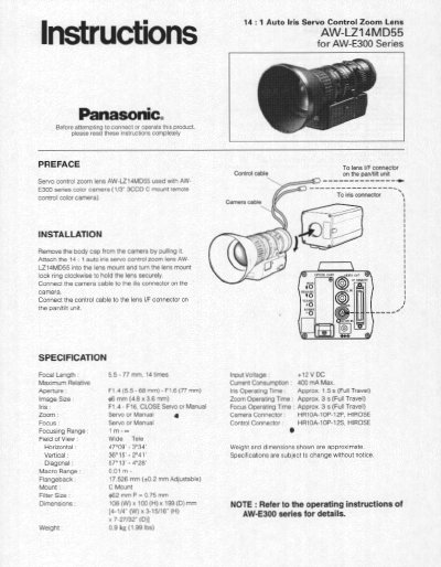 Panasonic AW-LZ14MD55 Auto Iris Servo Control Zoom Lens Instructions - cover page