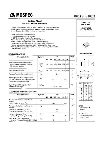 MOSPEC MU21 thru MU26 Ultrafast Power Rectifier Data Sheet - cover page
