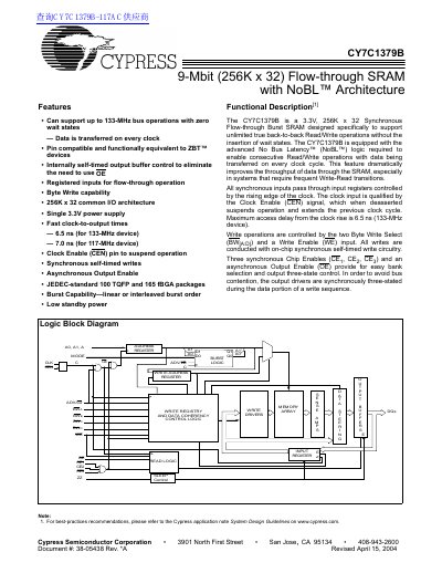 Cypress CY7C1379B 9-Mbit Flow-through SRAM Datasheet - cover page