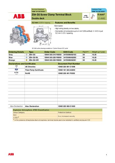 ABB ZS4-D2 Screw Clamp Terminal Block 4 mm Double Deck Technical Datasheet - cover page