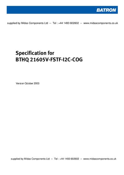 BATRON BTHQ 21605V-FSTF-I2C-COG Specification - cover page