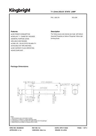KINGBRIGHT T-1 (3mm) SOLID STATE LAMP P/N: L-934LYD YELLOW  - cover page