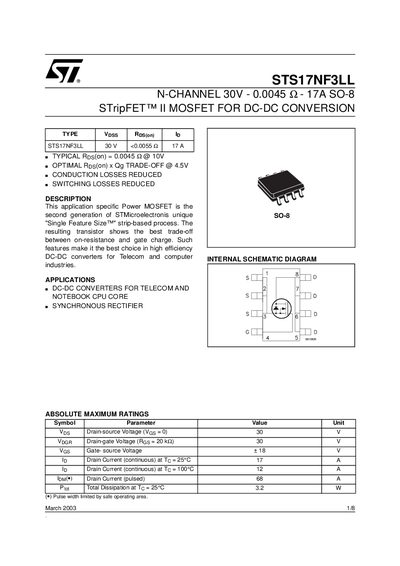 STMicroelectronics STS17NF3LL N‑Channel MOSFET Datasheet - cover page