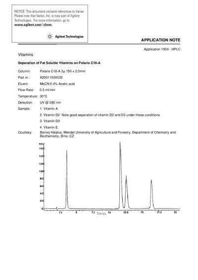 Agilent Polaris C18-A Column Application Note: Separation of Fat Soluble Vitamins - cover page