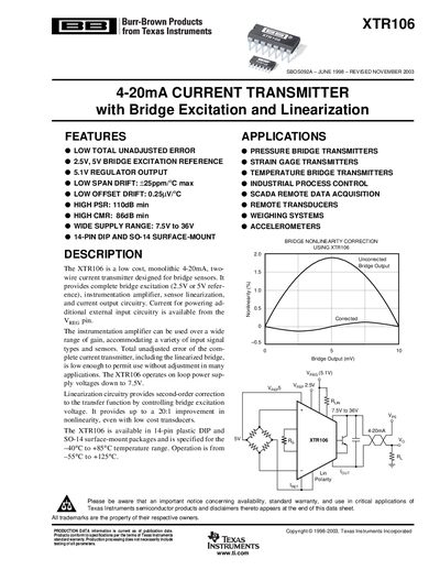 Texas Instruments XTR106 4-20mA Current Transmitter Datasheet - cover page