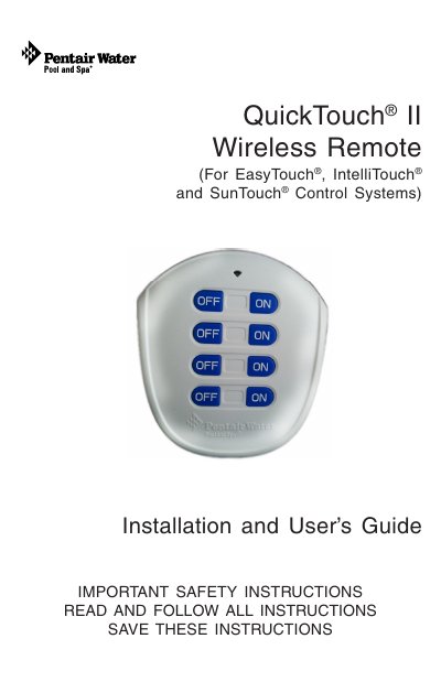Pentair QuickTouch II Wireless Remote Installation and User's Guide - cover page