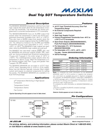 Maxim MAX6505–MAX6508 Dual Trip SOT Temperature Switches Datasheet - cover page