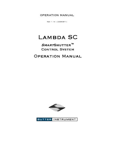 Sutter Instrument LAMBDA SC SmartShutter Control System Operation Manual - cover page