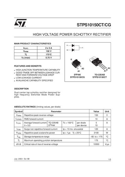 STMicroelectronics STPS10150CT/CG Datasheet - cover page