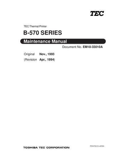 Toshiba TEC B-570 SERIES Thermal Printer Maintenance Manual