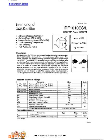 International Rectifier IRF1010ES/L Rectifier Datasheet - cover page