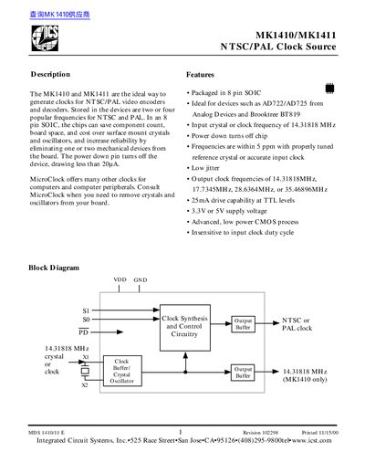 Integrated Circuit Systems MK1410/MK1411 Clock Source Manual - cover page