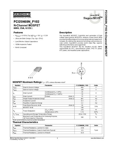 Fairchild FCI25N60N N-Channel MOSFET Datasheet - cover page