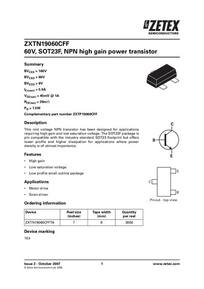 Zetex ZXTN19060CFF Datasheet - cover page