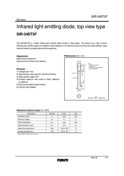 ROHM SIR-34ST3F Infrared LED Datasheet - cover page