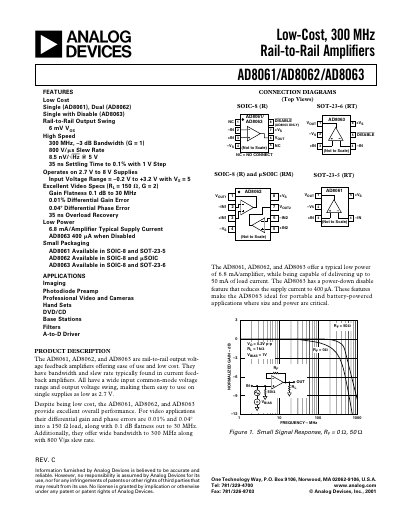 Analog Devices AD8061/AD8062/AD8063 Datasheet