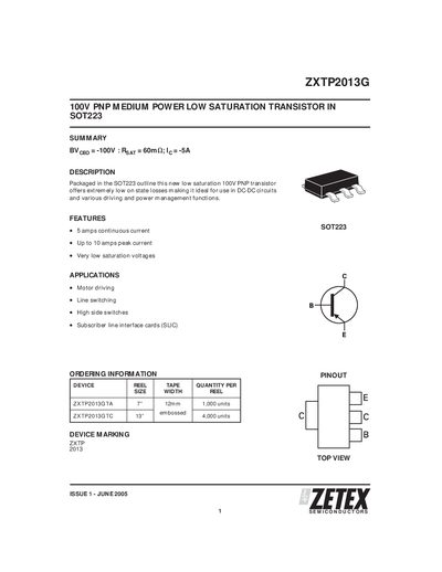 Zetex ZXTP2013G PNP Transistor Datasheet - cover page